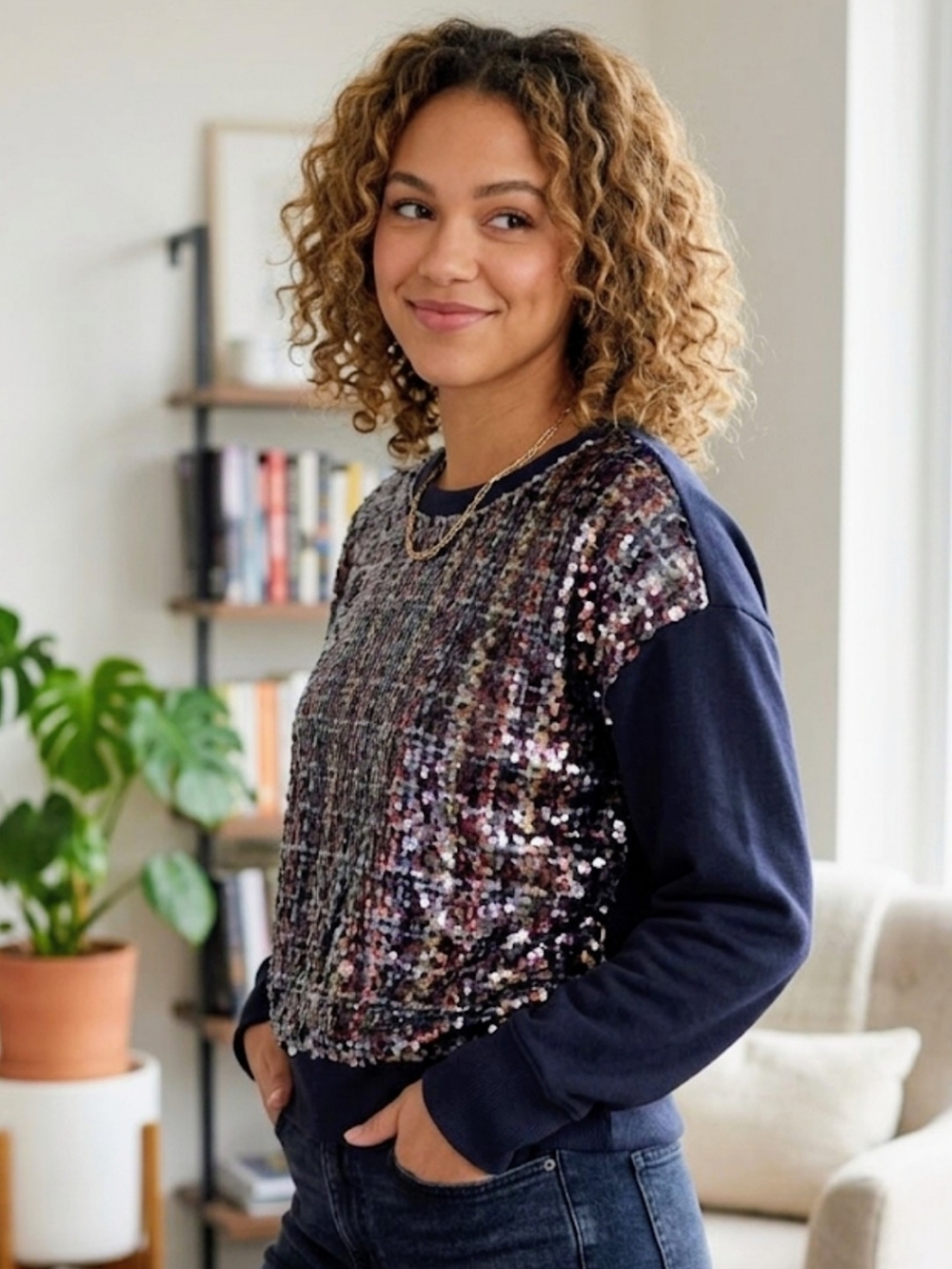 DKNY Dark Navy Sequin Front Crewneck Sweater, Small